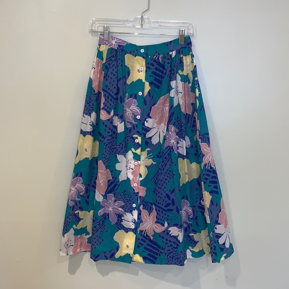 Vintage Floral Midi Skirt in Teal, Pink, Yellow, Purple